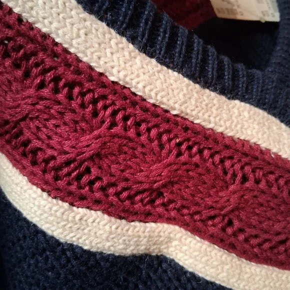 Vintage 90s Stefano Man Sweater L Blue Maroon Cable Knit V Neck Academia Preppy - Picture 12 of 14